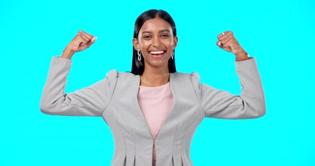 Happy business woman, face and flex arms in studio, blue background and backdrop of freedom. Portrait of female model, bicep and girl power for gender equality, winning and success of job empowerment