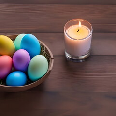 Easter colored eggs with a burning candle on a wooden table. Still life with eggs and a candle on a brown tabletop.