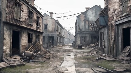 Fototapeta na wymiar Destroyed town ruin after war. Generative AI technology.