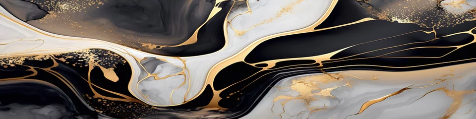 Küchenrückwand glas motiv luxury alcohol ink black and gold marble, minimal, glass texture © Fernando