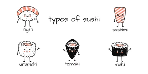 Fototapeten Set of kawaii sushi mascots in cartoon style. Different types of sushi © stasylionet