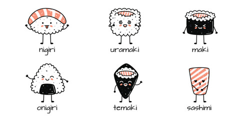 Set of kawaii sushi mascots in cartoon style. Different types of sushi © stasylionet