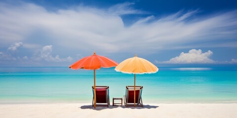 Two empty chairs under the umbrella on the beautiful tropical beach. Generative AI image