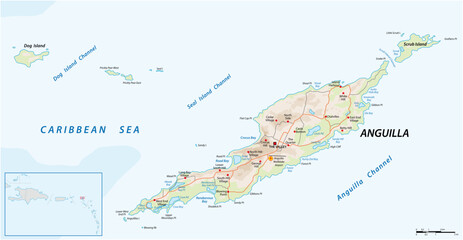 Street map of the Caribbean island of Anguilla, United Kingdom