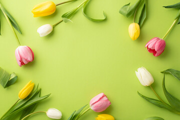 Spring holidays concept. Top view photo of pink yellow and white tulips on isolated light green background with copyspace in the middle