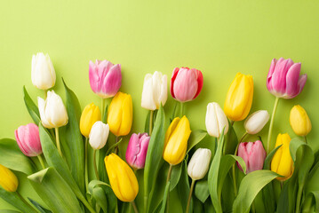 Women's Day concept. Top view photo of a lot of colorful tulips on isolated light green background