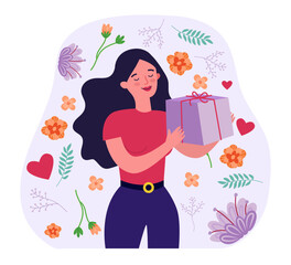 Obraz na płótnie Canvas Happy cartoon woman with closed eyes holding purple gift box. Heart and flower elements, girl with present for International women day flat vector illustration. Womens day, spring, celebration concept