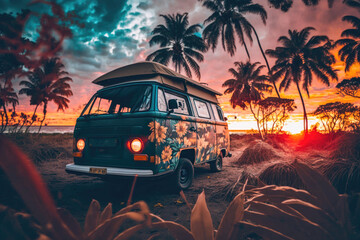 sunrise campervan caravan vehicle for van life holiday on mobile home camper t1 mobile campervan for an outdoor nomad lifestyle camper van journey camping in the parking in the palm tree
