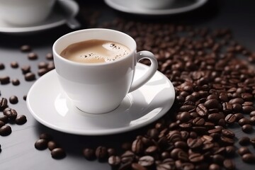 Obraz premium Aromatic White Coffee Cup on Wooden Table. Closeup with Background of Coffee Beans and Smoke