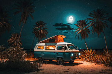 campervan caravan vehicle for van life holiday on mobile home camper mobile campervan for an outdoor nomad lifestyle camper van journey camping in the parking in the palm tree at night