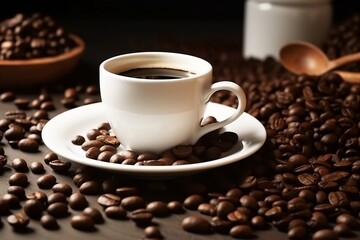 Fototapeta premium Aromatic White Coffee Cup on Wooden Table. Closeup with Background of Coffee Beans and Smoke