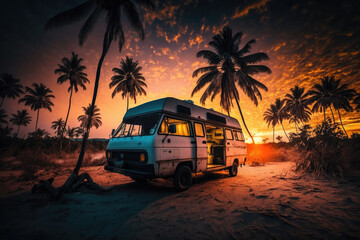 campervan caravan vw t3 vehicle for van life holiday on mobile home camper mobile campervan for an outdoor nomad lifestyle camper van journey camping in the parking in the palm tree