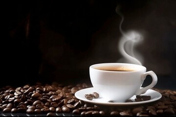 Aromatic White Coffee Cup on Wooden Table. Closeup with Background of Coffee Beans and Smoke