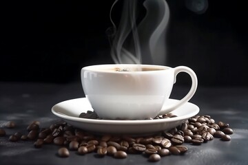 Obraz premium Aromatic White Coffee Cup on Wooden Table. Closeup with Background of Coffee Beans and Smoke