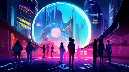 Citizens in the future and sphere of modern skyscrapers. Concept of metaverse, time traveling, cyber world or futuristic people.