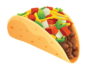 Taco with meat, vegetable and tortilla. Mexican food vector illustration