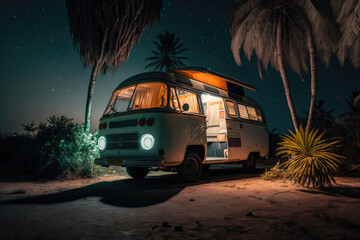 campervan caravan vehicle for van life holiday on mobile home camper  at night mobile motor home RV campervan for an outdoor nomad lifestyle camper van journey camping in the parking in the palm tree