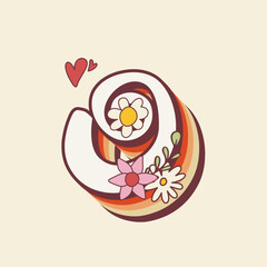 Groovy retro hippie stylized Initial Letter O with flowers. Seventies letter for nostatgic print or poster.