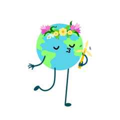 Cute earth character with windmill in hands. Beautiful flower wreath on planet. Protection earth sticker. Green energy. Smiling mascot