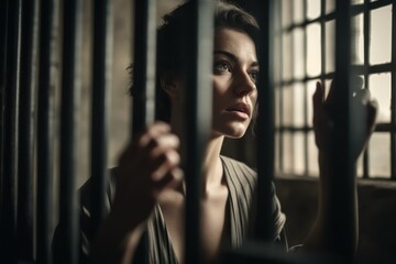 Fototapeta na wymiar A woman in prison gazes out the window with a sad and lonely expression, trapped behind the cold metal bars of her cell. generative ai