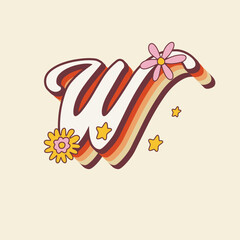 Groovy retro hippie stylized Initial Letter W with flowers. Seventies letter for nostatgic print or poster.