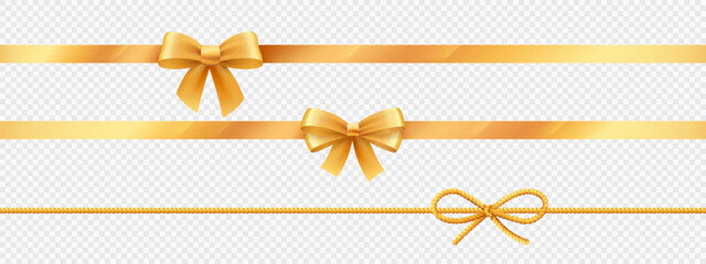 Naklejka na ściany i meble Gold ribbons with bow and knot for birthday gift decor. Golden silk or satin tape and yellow rope for luxury decoration of presents package, vector realistic set isolated on transparent background