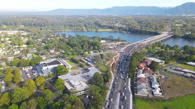 Aerial drone view of Nowra at Nowra Bridge along the Princes Highway in the City of Shoalhaven, NSW, Australia with Shoalhaven River in the background 