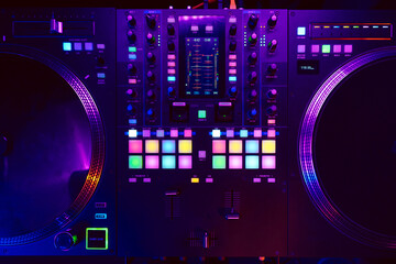 Close up of DJ mixing console in party light