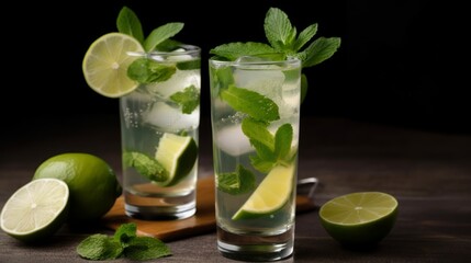 Fototapeta premium Mojito - a classic Cuban drink made with rum, lime juice, sugar, mint leaves, and soda water, served over ice. Generative AI