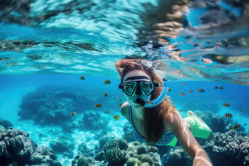 Young woman at snorkeling in the tropical water. Generative AI.