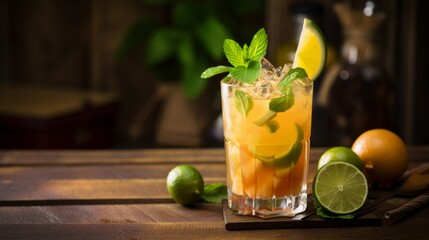 Mai Tai - a tropical drink made with rum, lime juice, orange liqueur, and almond syrup, often garnished with fresh fruit. Generative AI