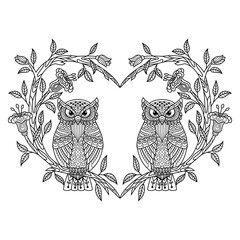 Hand drawn of love of owls in zentangle style