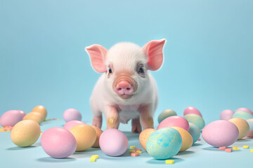 Fototapeta premium Easter creative concept on pastel blue background. Colored Easter eggs and baby domestic animal, cute baby pink pig, little piggy. Illustration, Generative AI.