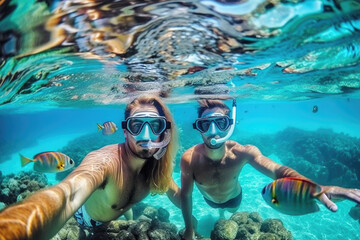 Naklejka premium Young couple at snorkeling in the tropical water. Generative AI.