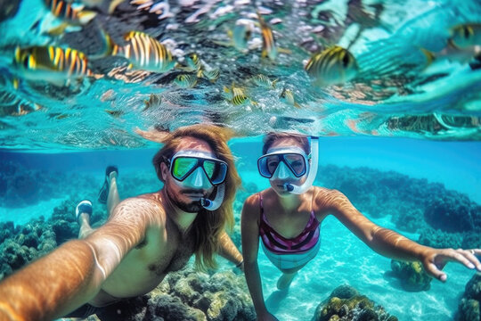 Young couple at snorkeling in the tropical water. Generative AI.