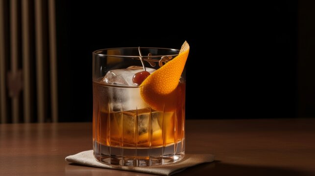 Old Fashioned drink made with bourbon or rye whiskey, sugar, bitters, and a twist of citrus in glass. Generative AI