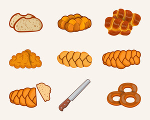 Creative Hi-Quality Challah Braid Food Set, Sweet Delicious Spice Baguette Bun Sketch Bake Menu Meal, Free Icon Object Elements, With Premium Vector.