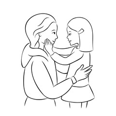 Sweet mother holds her little daughter. Scandinavian mom embraces her child. Motherhood concept. International Mother’s Day. Vector contour illustration in sketch hand drawn style