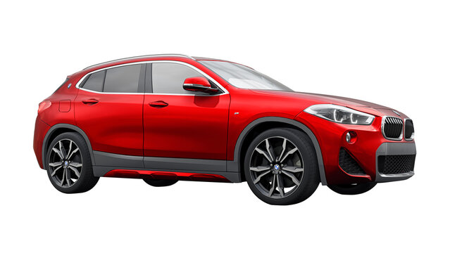 Berlin. Germany. March 16, 2023. BMW X2 20d Xdrive 2020. Red sports compact SUV car for family and adventure. 3d illustration.