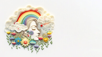 Fototapeta na wymiar Woman face with flowers and rainbow, positive mental health, women's day and diversity concept, Generative AI