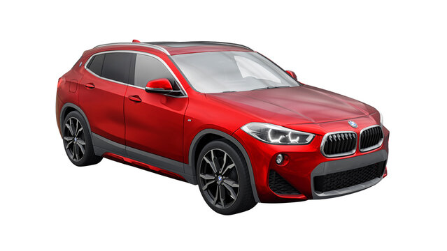 Berlin. Germany. March 16, 2023. BMW X2 20d Xdrive 2020. Red sports compact SUV car for family and adventure. 3d illustration.