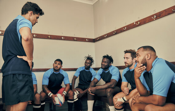 Locker Room, Motivation And Rugby Team With Coach Or Captain In Strategy Discussion Or Game Plan. Training, Coaching And Group Of Sports Players Planning Teamwork With Leader In Cloakroom Together.