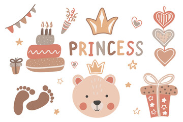 Vector hand drawn baby shower boho collection for girl with cute cake, gift box, for nursery decoration. Perfect for birthday, children party, clothing prints, greeting cards princess