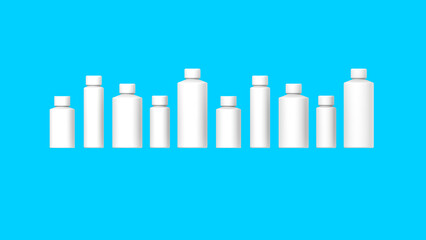 White cosmetic bottles isolated on blue background. Packaging of cosmetics. Ten containers for cosmetics. Horizontal image. 3d image. 3D visualization.