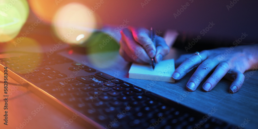 Aufkleber Writing, hacker and computer with hands of person for research, coding and programming at night. Neon, software and development with programmer at keyboard for cyber, developer and database hacking