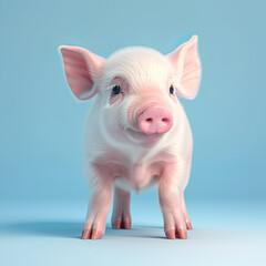 Animal creative concept on pastel blue background. Small baby domestic animal, cute baby pink pig, little piggy. Illustration, Generative AI.