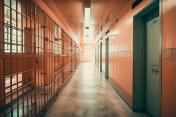 Prison corridor, jail cell and open metal bars door, empty dark facility interior, generative ai