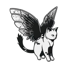 Cute cat with wins, isolated on white background, vector illustration.