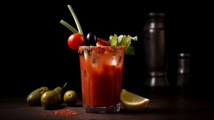 Bloody Mary savory drink made with vodka, tomato juice, hot sauce, and a variety of spices, garnished with celery, olives, and other vegetables. Generative AI