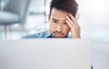 Stress, computer and frustrated business man in office for difficult project, challenge and anxiety of problems. Confused male employee, desktop and headache for online mistake, 404 glitch and crisis